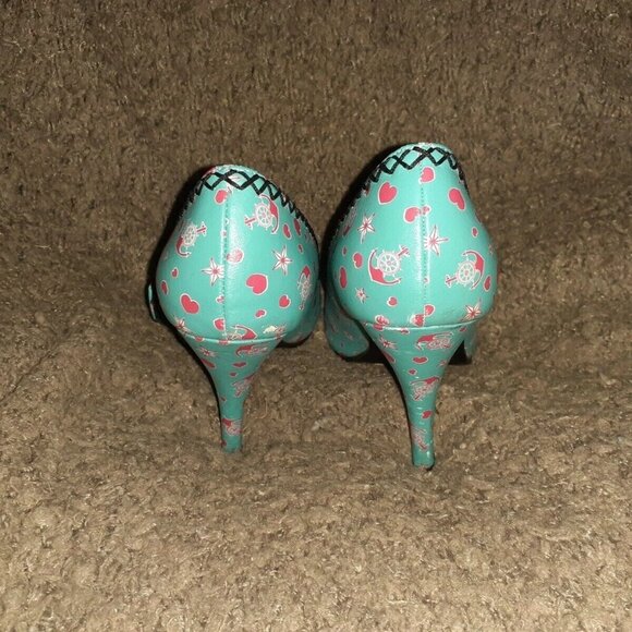T.U.K. TUK-Rockabilly-Retro-Turquoise Mary Janes-Peep-Toe-Hearts/Anchors-Sz 7-EX - Picture 5 of 7